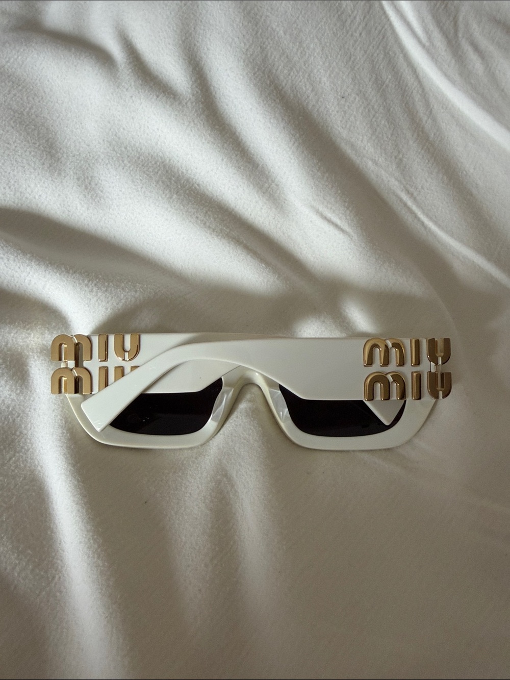 Miu Miu White Sunglasses with Gold Logo Accents